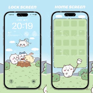 May include: Two phone screen mockups with a cute cartoon design. The lock screen shows three cartoon animals sitting around a campfire. The home screen shows a cartoon animal holding a marshmallow on a stick.