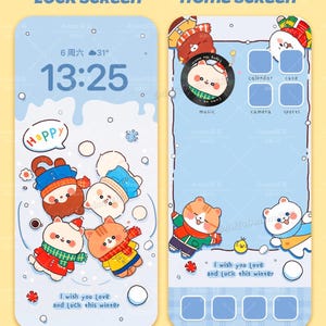 Super Cut Winter Katze Handy Wallpaper Phone Theme iOS Theme iOS Icons Hintergrundbilder hoher Auflösung für Android, Instant Download
