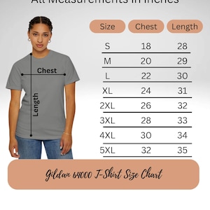 May include: A size chart for Gildan 64000 T-shirts, showing chest and length measurements in inches for sizes S through 5XL.