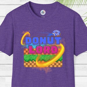 Donut Lord T-Shirt: Retro Gamer Tee, Unisex Graphic Top Heather Purple