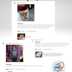 May include: Two customer reviews for a personalized giraffe mug and a soft, personalized velveteen plush blanket. The mug is red with a white giraffe design. The blanket is light blue with a white floral design. The reviews are positive and include the text "Loves & Fishes Custom Designs".