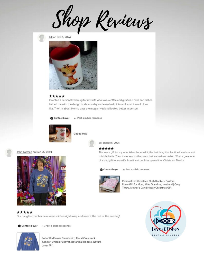 May include: Two customer reviews for a personalized giraffe mug and a soft, personalized velveteen plush blanket. The mug is red with a white giraffe design. The blanket is light blue with a white floral design. The reviews are positive and include the text "Loves & Fishes Custom Designs".