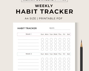 Peut inclure: Un suivi d'habitudes hebdomadaire imprimable avec un design simple. Le suivi comporte quatre semaines avec un espace pour chaque jour de la semaine pour marquer les habitudes. Le suivi est intitulé "Habit Tracker" et "Weekly".