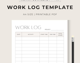 Printable Work Log Template - Time Tracker PDF, Work Time Tracker, Activity Tracker, Time Spent, Task Tracker, A4 Size, Printable PDF