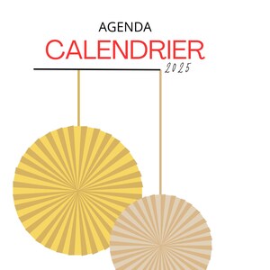 Peut inclure: Agenda Calendrier 2025 avec deux éventails en papier suspendus, un jaune et un beige.