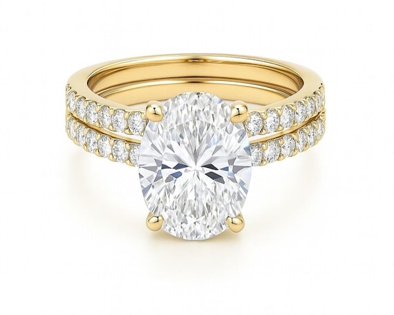 3 Ct Oval Cut Couple Ring with Shank Diamonds | F/VVS2 Quality | 11.90×8.30mm Center Stone with 28 Round Accent Diamonds (0.70 Ct Total)