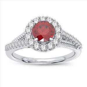 Round Red Gemstone Halo Engagement Ring, Lab Ruby Solitaire Ring, Sterling Silver Double Band, Unique Anniversary Gift for Her