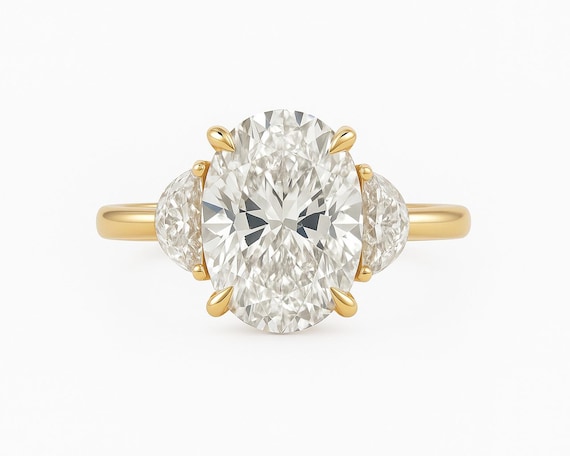 1.5 Ct Oval Cut Lab Grown Diamond Ring, Three Diamond Half Moon Side Gold Ring, Women's Engagement Ring, Trilogy Half Moon Side Diamond Ring