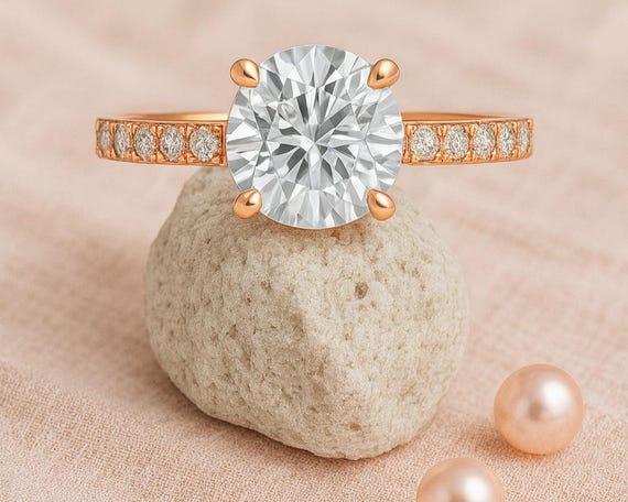 1.5 Carat Round Cut Lab Grown Diamond Engagement Ring Solitaire Round Wedding Ring, Dainty Pavé Style Band Bridal Ring for Women Anniversary