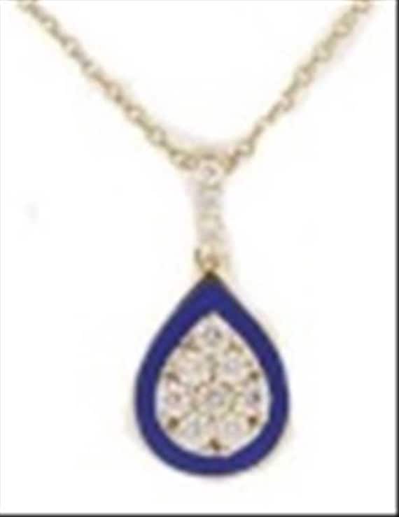 0.21CT Teardrop Diamond Pendant – Dainty 14K White & Yellow Gold Blue Ceramic Cluster Necklace, Unique Pendant Gift for Her