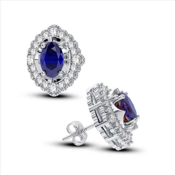 0.20CT Sapphire Diamond Earrings Dainty 14K White Gold Sapphire Stud Earrings, Diamond Earrings for Her, Stud Earrings Gift, Bridal Earring