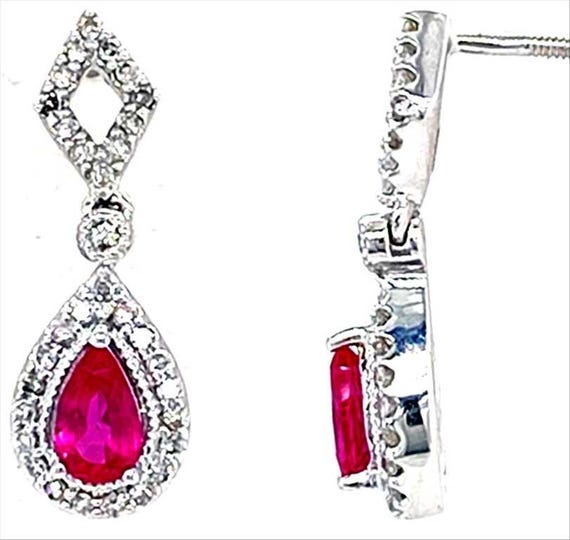 0.20CT Diamond Emerald Drop Earrings – Elegant 10K White Gold Ruby Gemstone Teardrop Earrings, Bridal Jewelry Gift for Her
