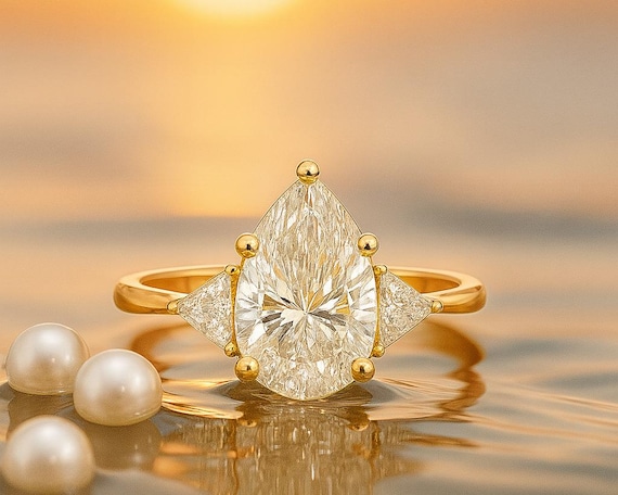 1.5 Ct Pear Cut Lab Grown Diamond Ring, Trilogy Diamond Ring with Half Moon Side Diamonds Three Stone Pear Cut Anniversary Ring 3 Stone Ring