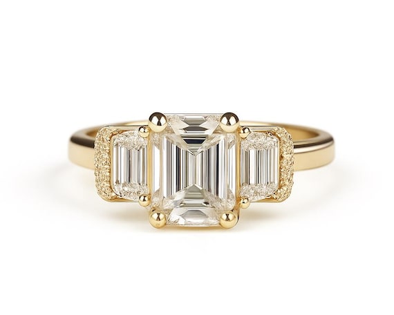 2 CT Emerald Cut Lab Grown Diamond Ring, IGI Certified 3 Stone Diamond Ring, Lab Diamond Engagement Ring with Trapezoid Side Diamonds