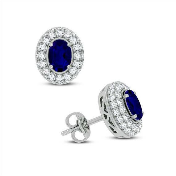 0.58CT Diamond Sapphire Stud Earrings – Unique 14K White Gold Gemstone Earrings, Elegant Diamond Studs Gift for Her