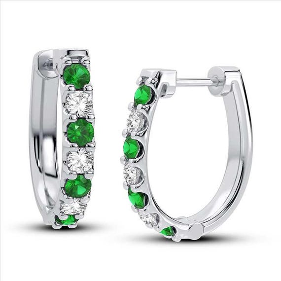 0.40CT Emerald Diamond Hoop Earrings – Dainty 14K White Gold Emerald Gemstone Earrings, Elegant Comfortable Gift for Her