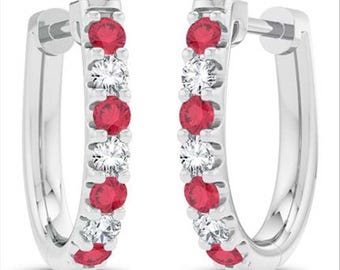 14K Gold Ruby and Diamond Hoop Earrings – Elegant Gemstone Jewelry