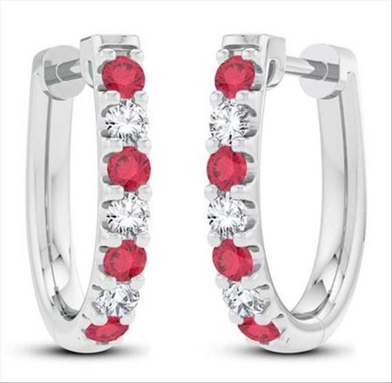 0.20CT Emerald Diamond Hoop Earrings – Exquisite 14K White & Yellow Gold Ruby Gemstone Earrings, Lightweight Elegant Gift for Her