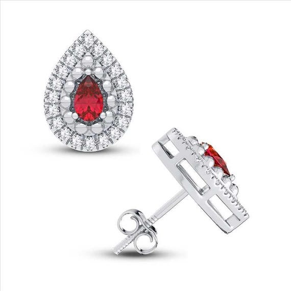 0.20CT Ruby Diamond Earrings – Stunning 14K White Gold Ruby Stud Earrings, Ruby Gemstone Earrings for Her, Diamond Earrings for Bridal Gift