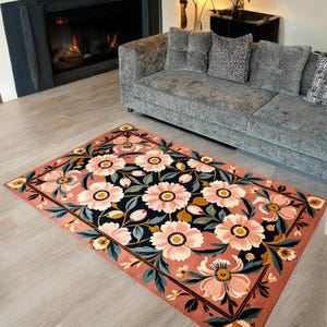 Vintage Floral Area Rug | Modern Pink Flower Carpet | Boho Style Non-Slip Floor Mat | Valentine’s Gift For Her Or Him | Living Room Rug