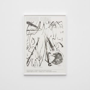 May include: Framed black and white art print titled "CORVUS CORAX." The print features abstract lines and shapes with a circular illustration of a bird. The print is in a white frame.