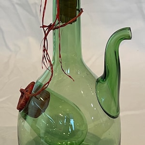 Vintage Wine Carafe Decanter Green Glass Hand Blown Serving Jug Boho