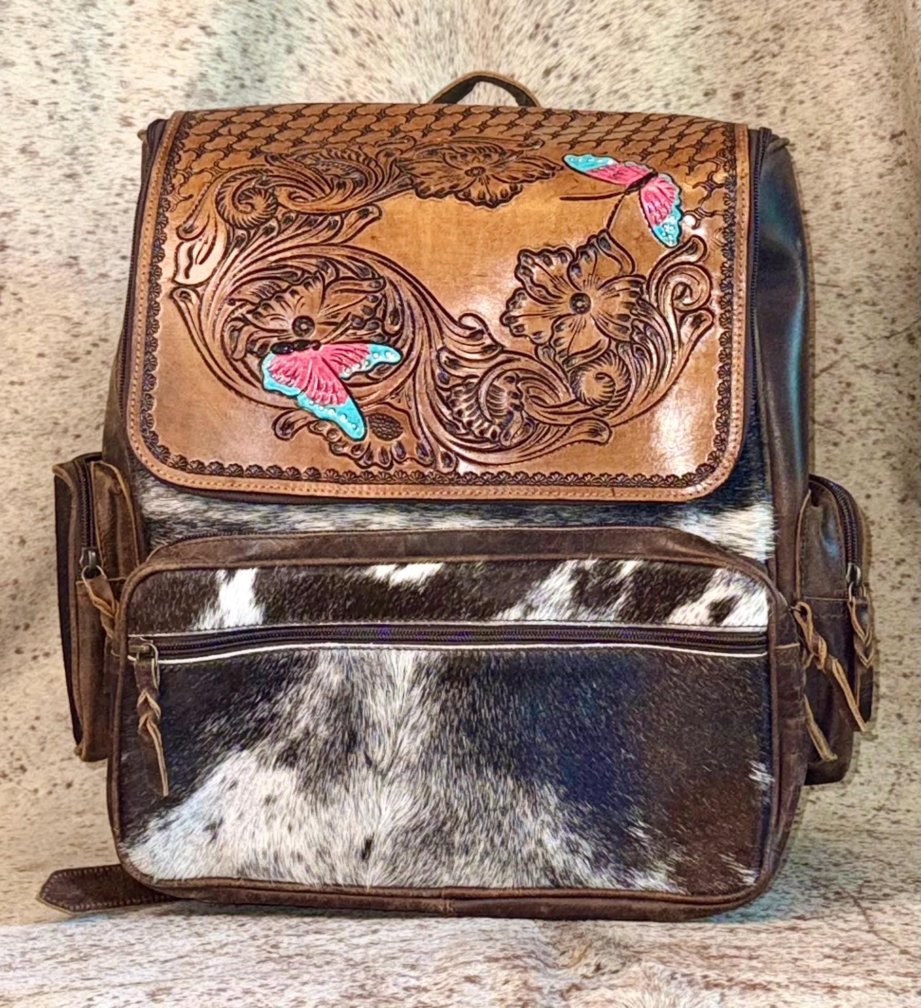 Cowhide & Butterfly Design Tooled Leather Backpack - Etsy display picture 3