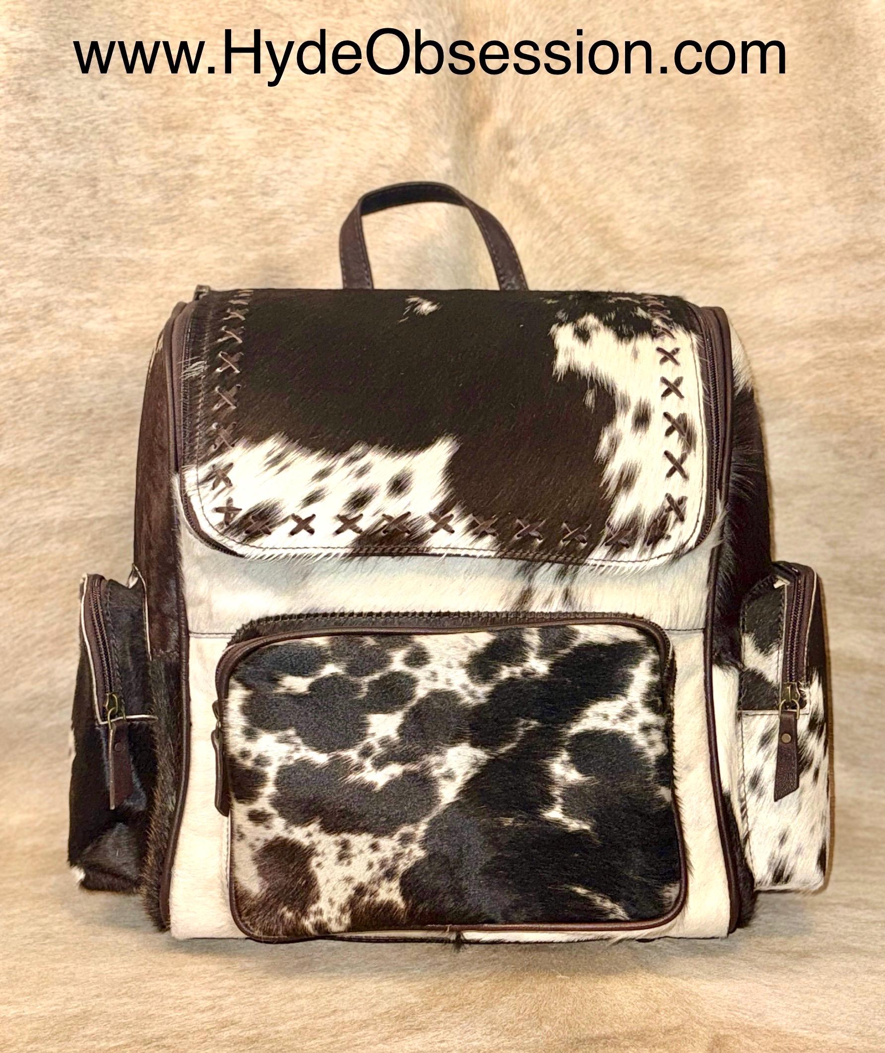 Cowhide & Cross Stitched Leather Design Backpack - Etsy display picture 3