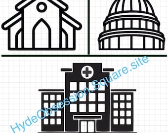 May include: A black and white graphic design featuring three building icons: a church with a cross, a domed capitol building, and a hospital with a medical cross symbol. The text "GO VOTE!" appears at the bottom, and "HydeObsession.Square.site" is visible.