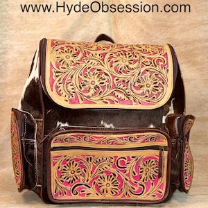 Sac à dos en cuir de vachette et cuir repoussé roses
