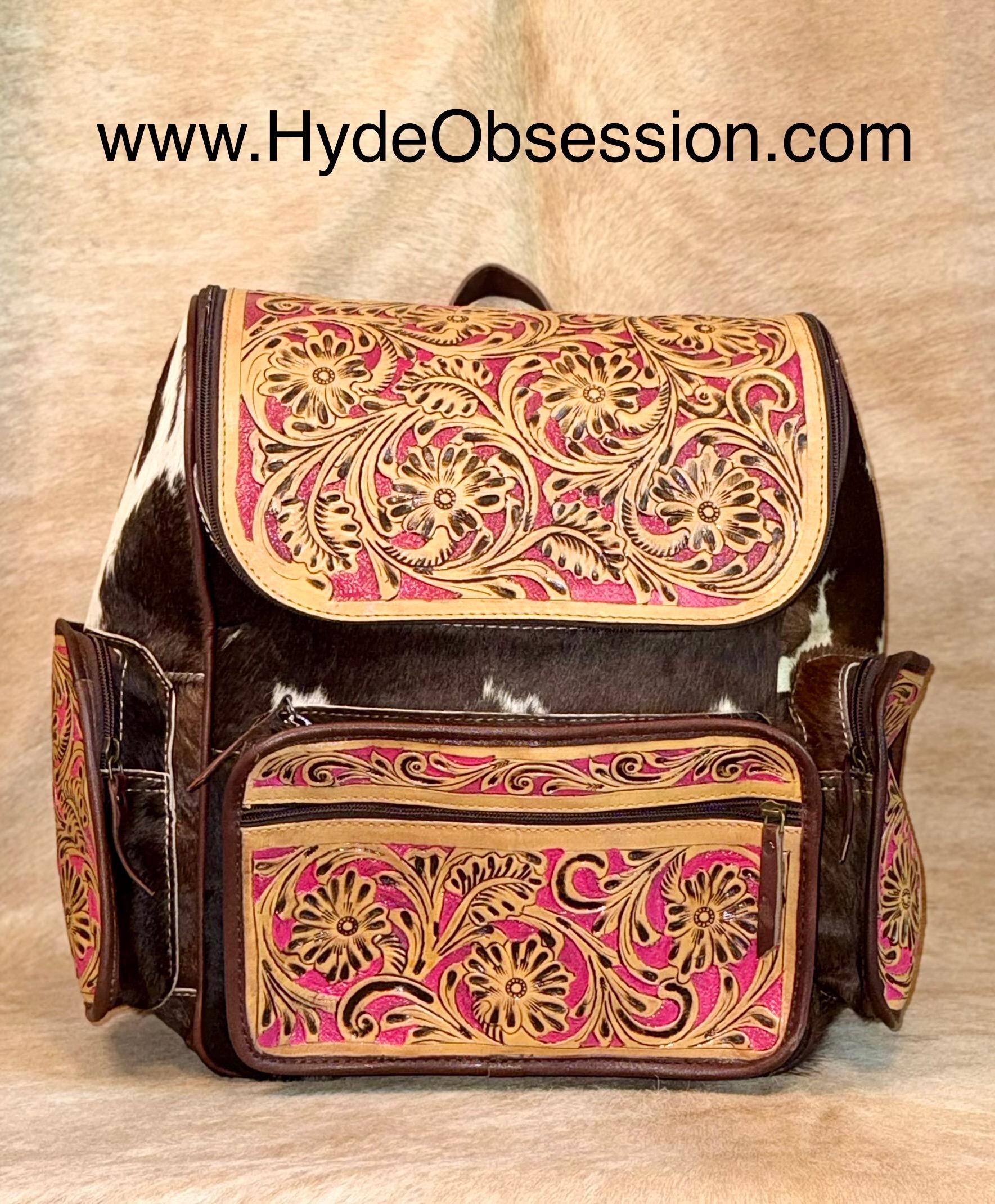 Cowhide & Pink Tooled Leather Backpack - Etsy display picture 3