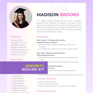 Sorority Resume Template, Resume with Photo Editable in Canva, Pink Sorority Resume Template, Sorority Rush Pack, Customizable Social Resume