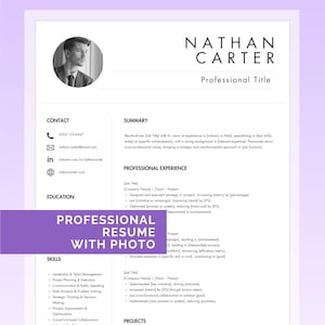 Plantilla de Currículum Profesional con Foto, CV Moderno 2025, Word y Canva, 1 y 2 Páginas, Descarga Instantánea