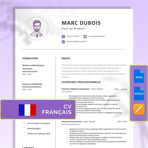 CV Francais, Word, Pages, Google Docs, Lettre de motivation, Références, Modèle CV, CV simple, cv French, cv minimaliste, Editable