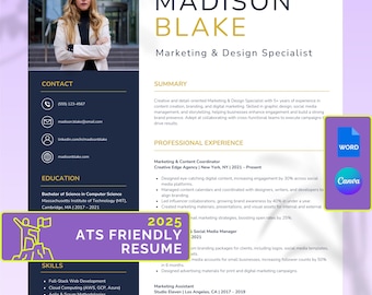 ATS-freundliches Lebenslauf-Template 2025, Professionell Modern, 1 & 2 Seiten, Einfach zu Bearbeiten in Word und Canva, Sofortiger Download