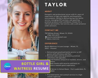 Anpassbare Lebenslauf-Vorlage für Bottle Girl, Kellnerin oder Barkeeperin mit Foto