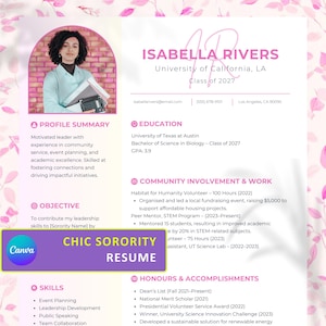 Chic Sorority Recruitment Rush 1-2 Page Resume Template | Pink Sorority Resume Template | Sorority Rush Pack | Customizable Social Resume