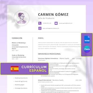 Currículum Español, Word, Canva, Carta de presentación, Referencias, Modelo de CV, Cv simple, Cv minimalista, Cv Spanish, Editable