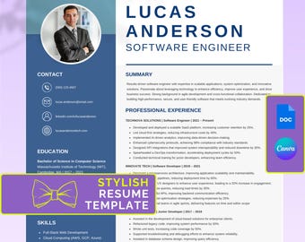Stilvolle Lebenslauf-Vorlage, ATS-kompatibel, 1 und 2 Seiten, Anschreiben, einfach zu bearbeiten in Word und Canva, sofortiger Download