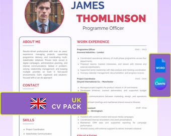 Lebenslaufvorlage Vereinigtes Königreich | ATS-freundlich | Lebenslauf Word & Canva | 1–2 Seiten | Anschreiben | Referenzen | Titelseite