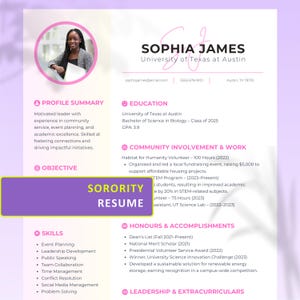 Sorority Resume Template, Resume with Photo Editable in Canva, Pink Sorority Resume Template, Sorority Rush Pack, Customizable Social Resume