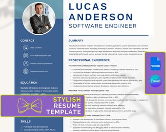 Stilvolle Lebenslauf-Vorlage, ATS-kompatibel, 1 und 2 Seiten, Anschreiben, einfach zu bearbeiten in Word und Canva, sofortiger Download