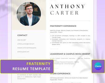 Fraternity Resume Template, Resume with Photo Editable in Canva, Professional Fraternity recruitment resume Greek Brother with cover letter