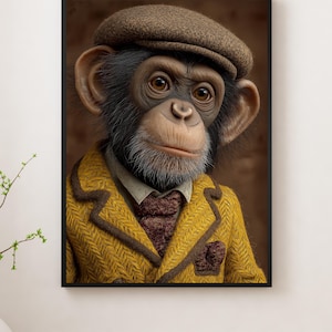 May include: A framed portrait of a chimpanzee wearing a brown tweed cap and a yellow tweed blazer with a brown trim. The chimpanzee has a white shirt and a patterned burgundy tie. The background is a warm brown.