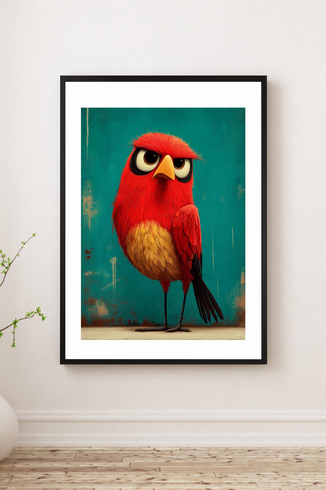 Whimsical Red Bird Art Print – Cartoon Cardinal Illustration, Teal ...