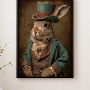 Puede incluir: Retrato enmarcado de un conejo vestido con un abrigo verde, chaleco marrón y sombrero de copa. El conejo tiene una apariencia distinguida, con un cuello con volantes y una expresión seria. El fondo es de un tono cálido y neutro.