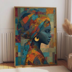 African Woman Portrait Poster, Colourful Turban Wall Art, Patchwork Pattern Print