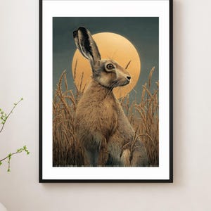 A Hare Woodland Animal Print, Vintage Hare Illustration Poster, Moonlit Hares wall art