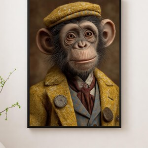 May include: A framed portrait of a chimpanzee wearing a yellow tweed jacket, matching beret, and a patterned vest and tie. The monkey has a neutral expression and is centered in the frame. The background is a blurred brown.