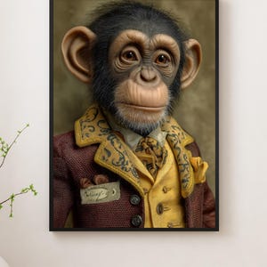 May include: A framed portrait of a chimpanzee wearing a maroon blazer with a yellow vest and patterned scarf. The chimpanzee has a serious expression and a small name tag on the blazer.